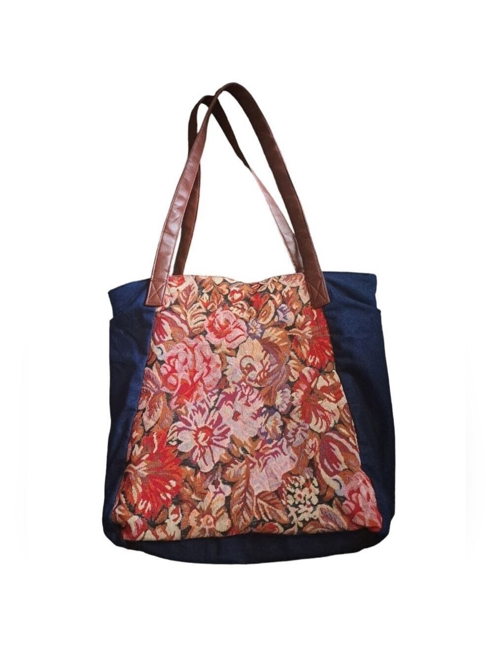 VTG GOLD COAST TAPESTRY denim zip tote bag faux leather straps floral coastal LG